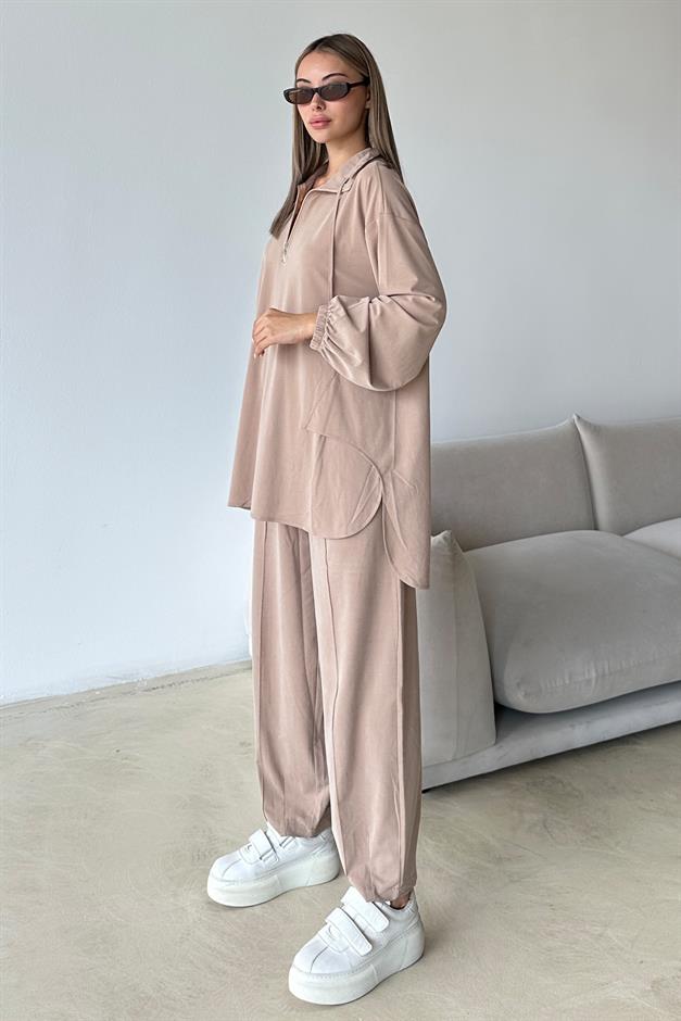 طقم تونيك وبنطلون من قماش محبوك فاخر مع تفاصيل سحاب على الياقة كامل 9375-TK