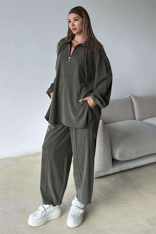 Premium Knitted Fabric Tunic Trouser Set with Zipper Detail on the Collar DRAB 9375-TK