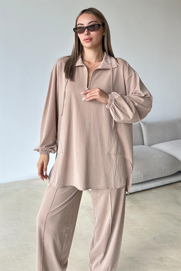 طقم تونيك وبنطلون من قماش محبوك فاخر مع تفاصيل سحاب على الياقة كامل 9375-TK