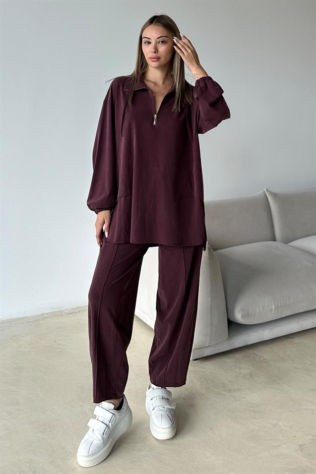 Premium Knitted Fabric Tunic Trouser Set with Zipper Detail on the Collar CLARET RED 9375-TK