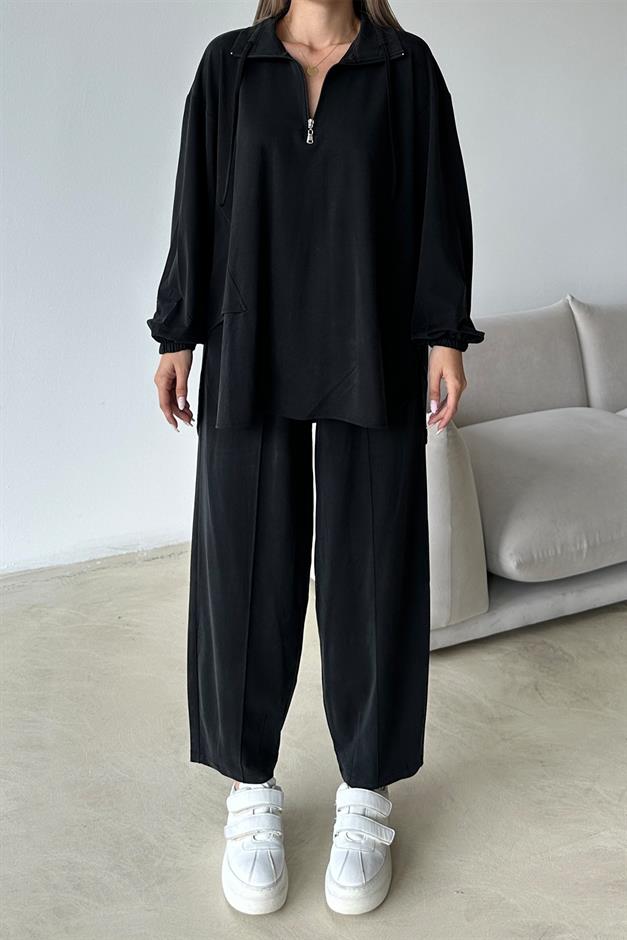 طقم تونيك وبنطلون من قماش محبوك فاخر مع تفاصيل سحاب على الياقة أسود 9375-TK