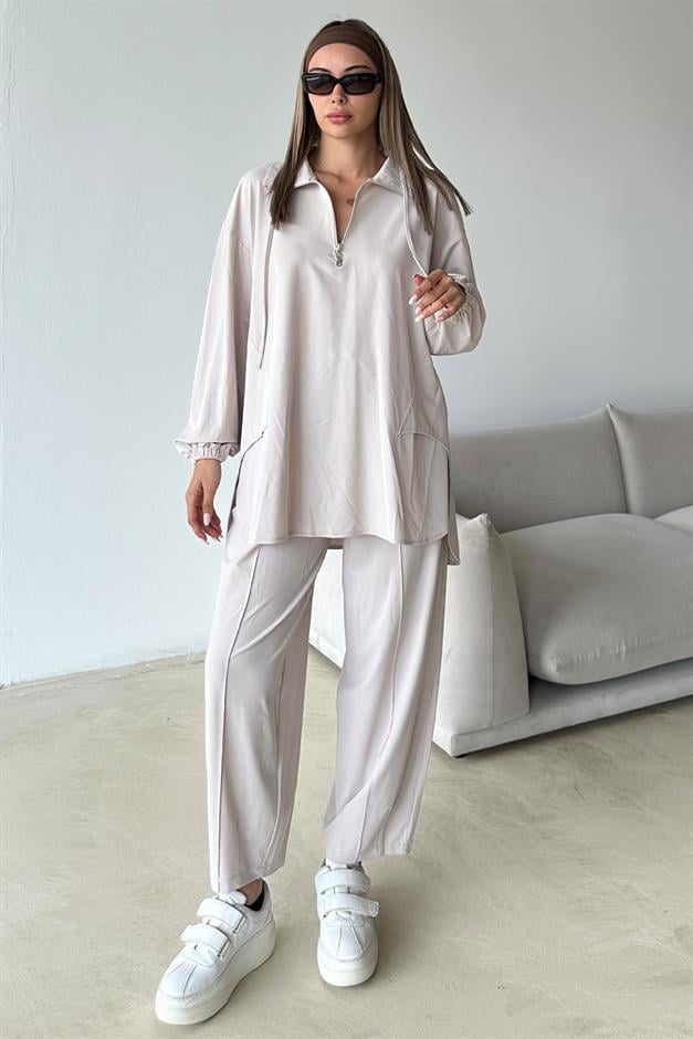 Premium Knitted Fabric Tunic Trouser Set with Zipper Detail on the Collar STONE 9375-TK