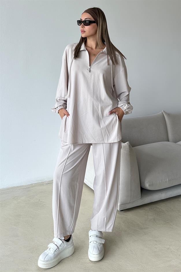 Premium Knitted Fabric Tunic Trouser Set with Zipper Detail on the Collar STONE 9375-TK
