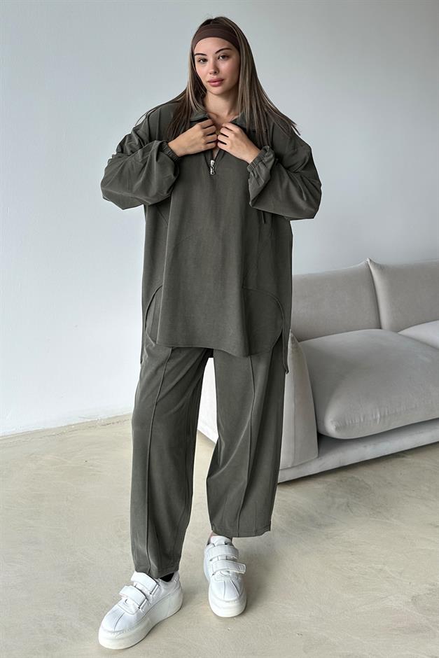 Premium Knitted Fabric Tunic Trouser Set with Zipper Detail on the Collar DRAB 9375-TK