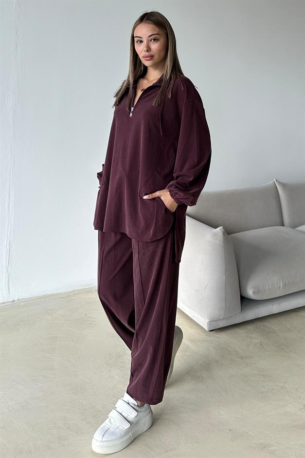 Premium Knitted Fabric Tunic Trouser Set with Zipper Detail on the Collar CLARET RED 9375-TK