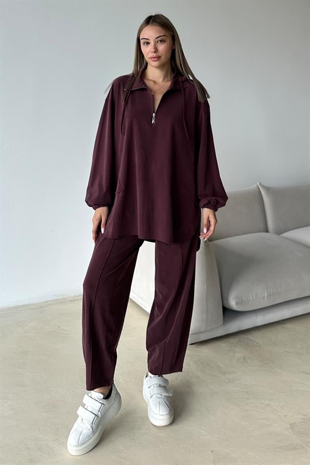 Premium Knitted Fabric Tunic Trouser Set with Zipper Detail on the Collar CLARET RED 9375-TK