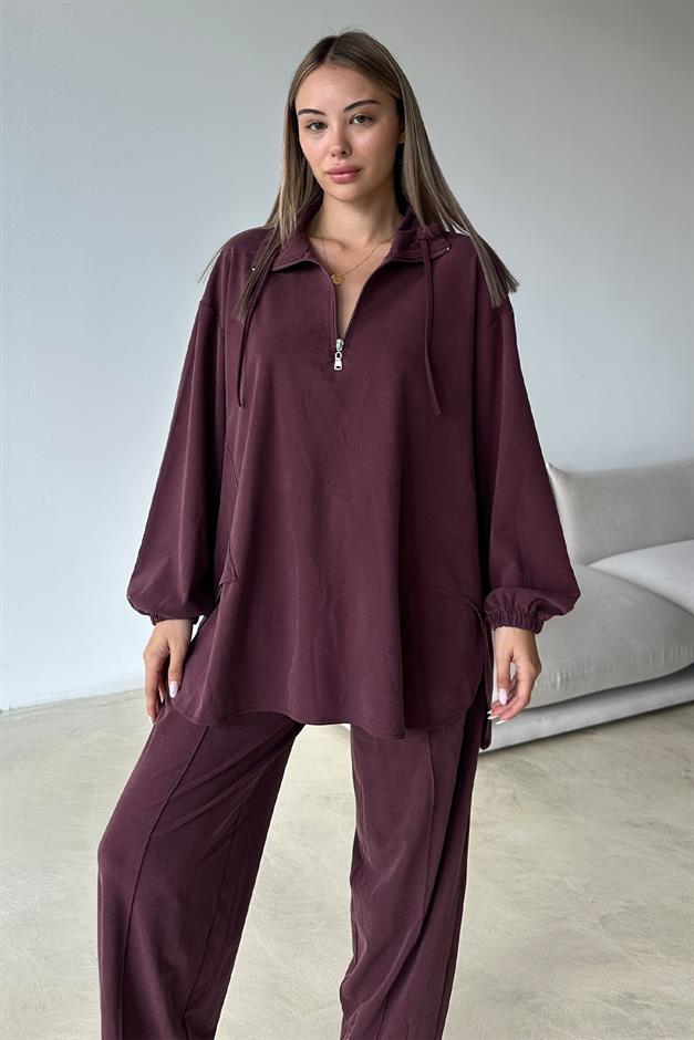 Premium Knitted Fabric Tunic Trouser Set with Zipper Detail on the Collar CLARET RED 9375-TK