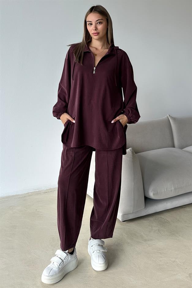 Premium Knitted Fabric Tunic Trouser Set with Zipper Detail on the Collar CLARET RED 9375-TK
