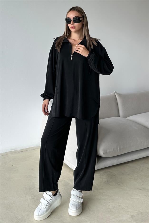 طقم تونيك وبنطلون من قماش محبوك فاخر مع تفاصيل سحاب على الياقة أسود 9375-TK