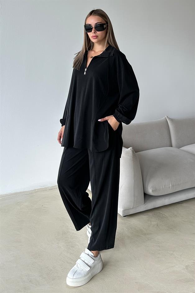 طقم تونيك وبنطلون من قماش محبوك فاخر مع تفاصيل سحاب على الياقة أسود 9375-TK