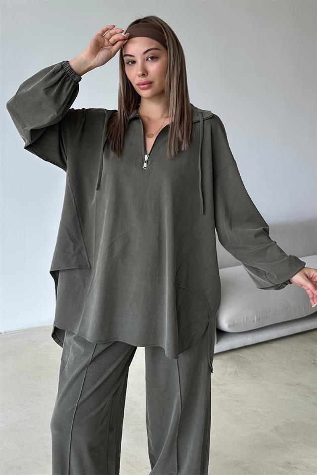 Premium Knitted Fabric Tunic Trouser Set with Zipper Detail on the Collar DRAB 9375-TK