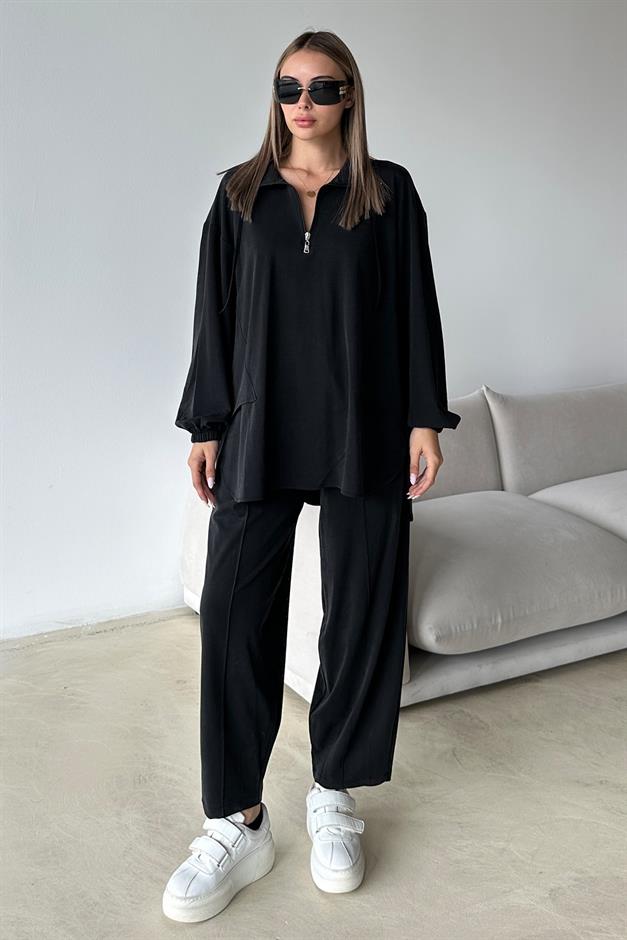 طقم تونيك وبنطلون من قماش محبوك فاخر مع تفاصيل سحاب على الياقة أسود 9375-TK