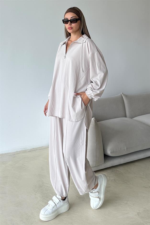 Premium Knitted Fabric Tunic Trouser Set with Zipper Detail on the Collar STONE 9375-TK