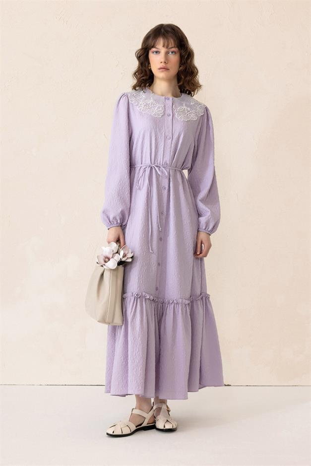 Jacquard Long Dress with Scallop Detail on the Collar LİLA 9298-E