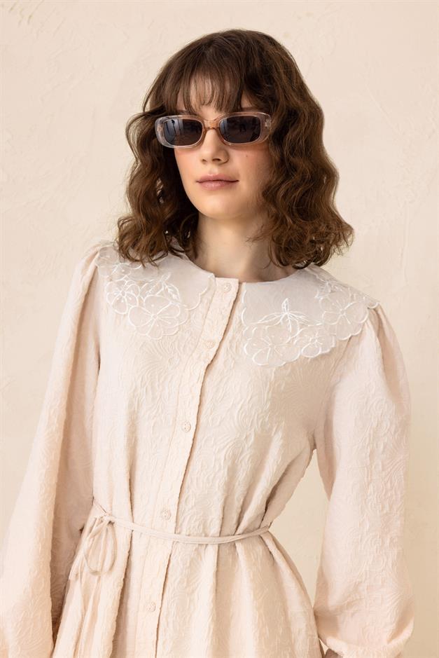 Jacquard Long Dress with Scallop Detail on the Collar IVORY 9298-E