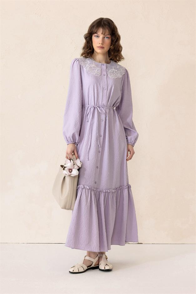 Jacquard Long Dress with Scallop Detail on the Collar LİLA 9298-E