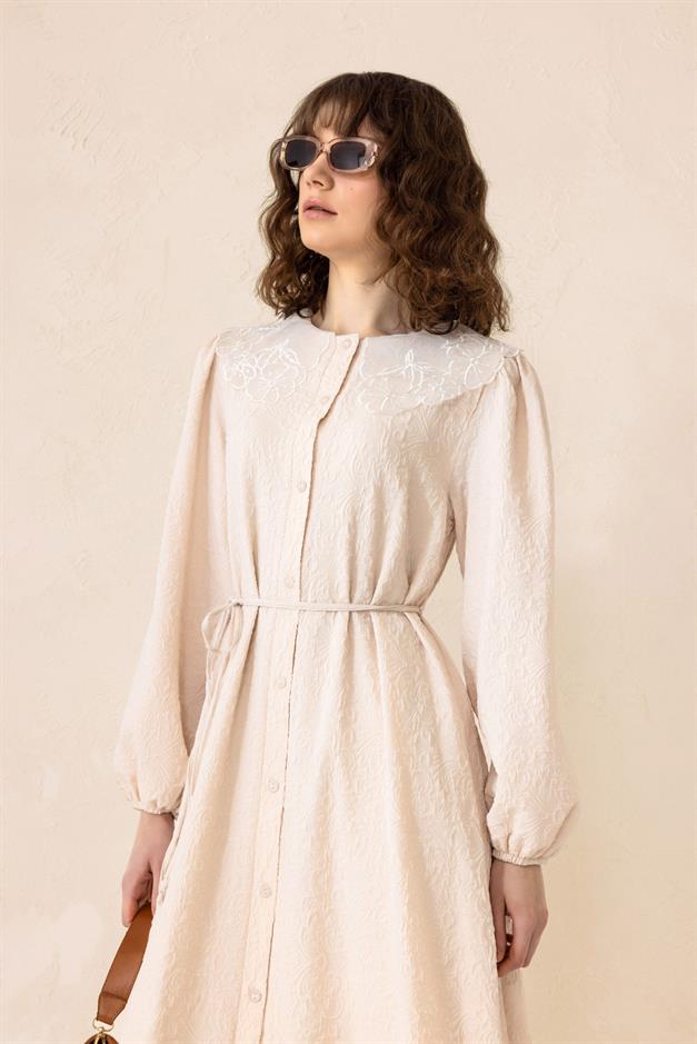 Jacquard Long Dress with Scallop Detail on the Collar IVORY 9298-E