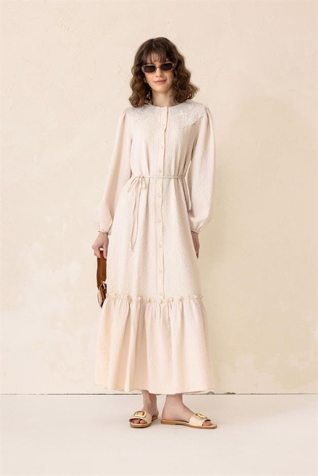 Jacquard Long Dress with Scallop Detail on the Collar IVORY 9298-E