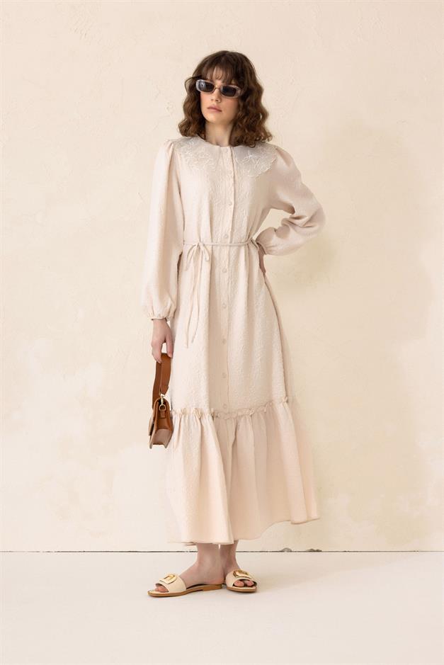 Jacquard Long Dress with Scallop Detail on the Collar IVORY 9298-E