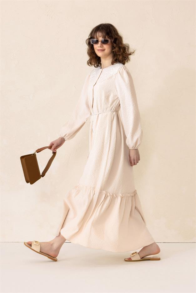 Jacquard Long Dress with Scallop Detail on the Collar IVORY 9298-E