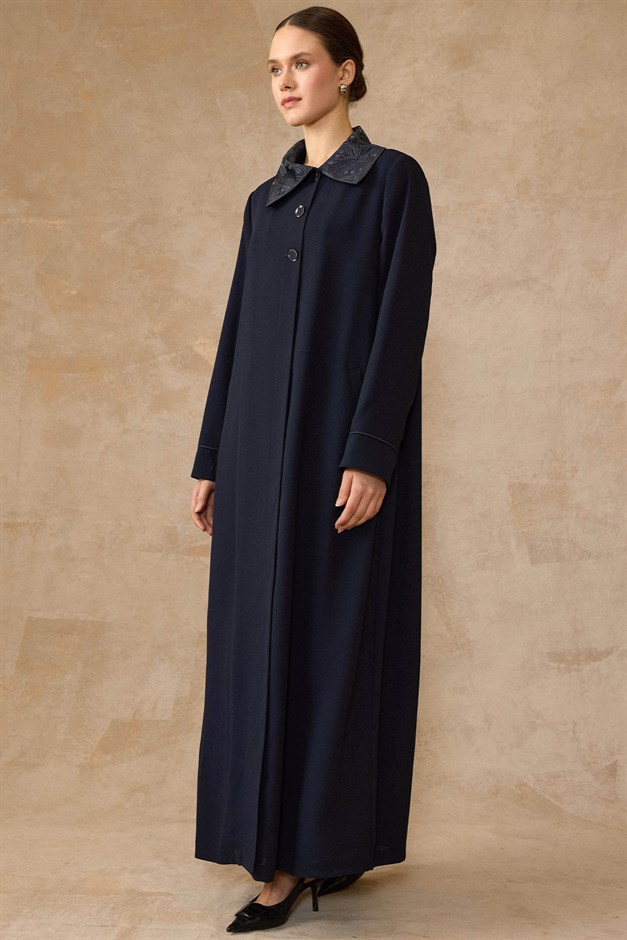 Yakası İşleme ve Saten Detaylı Astarlı Büyük Beden Pardesü LACİVERT 6822