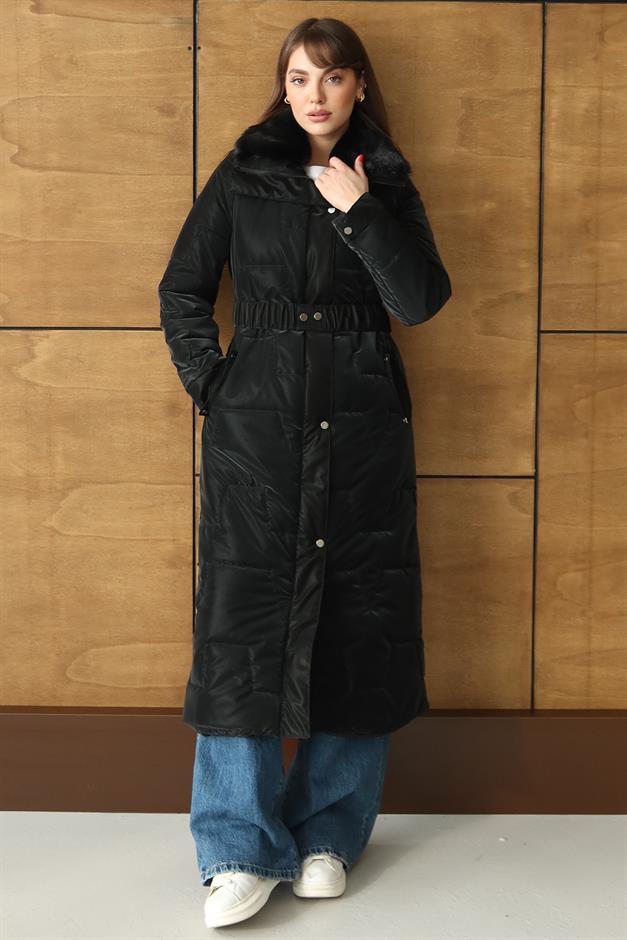 Yakası Kürk Detaylı Fermur Desenli Kapitone Uzun Mont SİYAH 6801