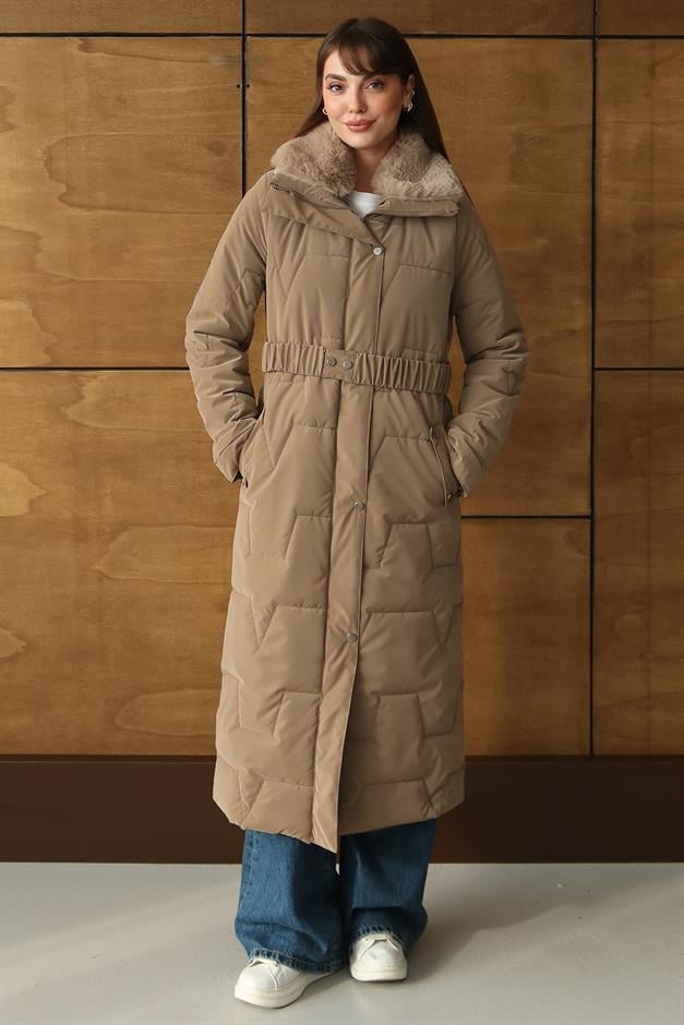 Yakası Kürk Detaylı Fermur Desenli Kapitone Uzun Mont S.KAHVE 6801