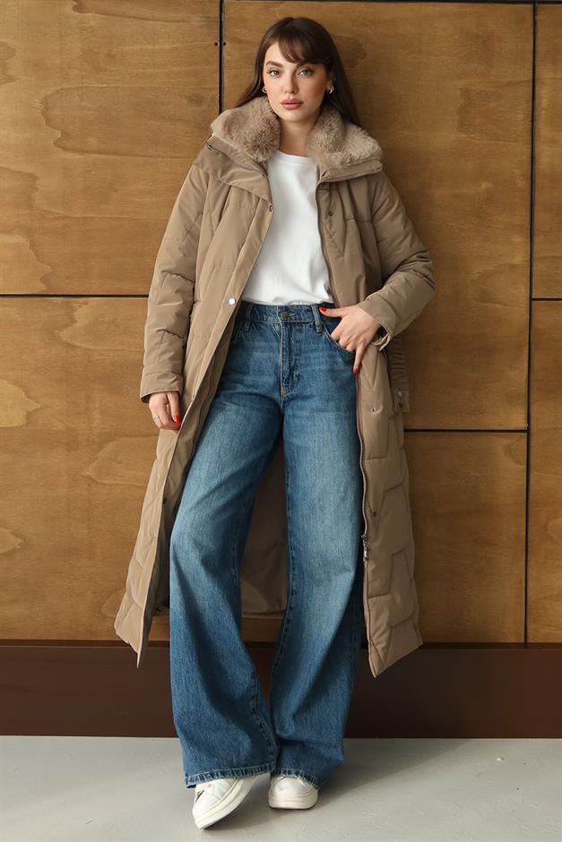 Yakası Kürk Detaylı Fermur Desenli Kapitone Uzun Mont S.KAHVE 6801