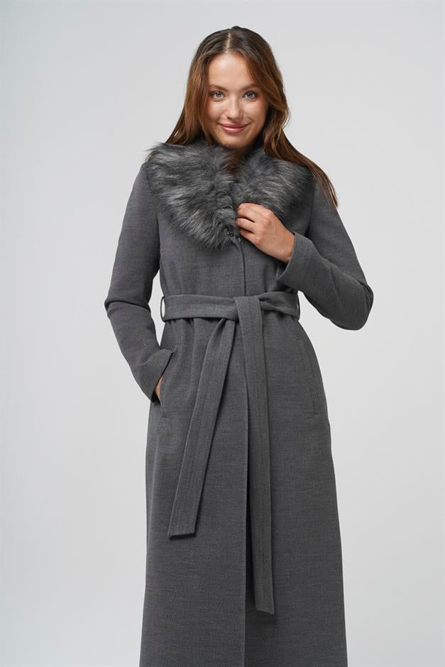 Fur Collared, Tied Waist Mid-Length Coat DARK GREY 3397