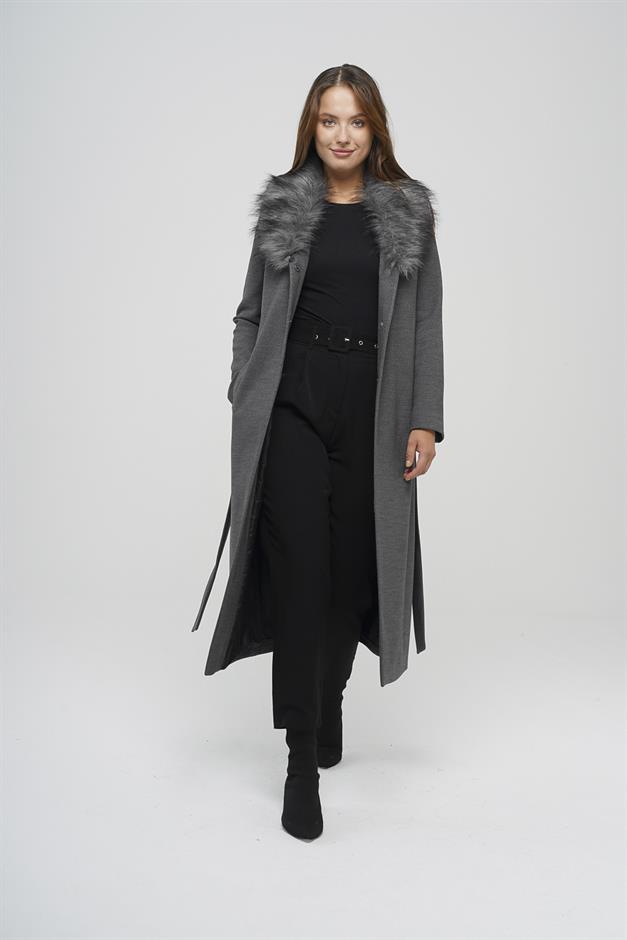 Fur Collared, Tied Waist Mid-Length Coat DARK GREY 3397
