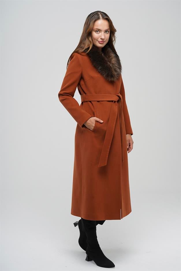Fur Collared, Tied Waist Mid-Length Coat TILE 3397