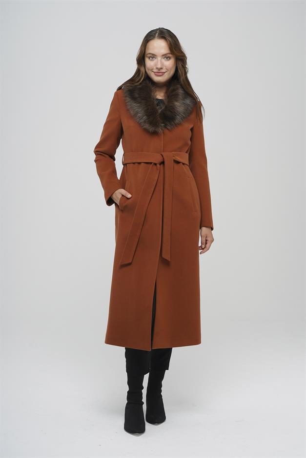 Fur Collared, Tied Waist Mid-Length Coat TILE 3397