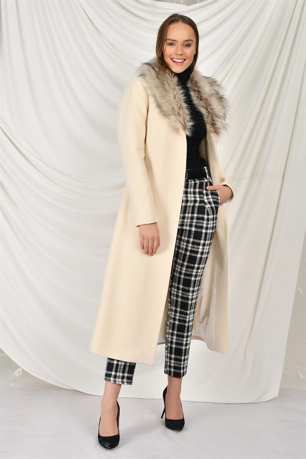 Fur Collared, Tied Waist Mid-Length Coat IVORY 3397