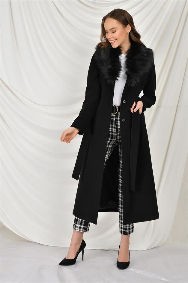 Fur Collared, Tied Waist Mid-Length Coat BLACK 3397