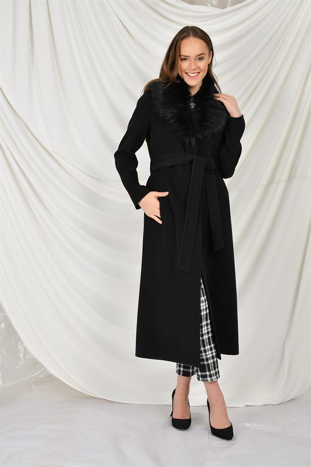 Fur Collared, Tied Waist Mid-Length Coat BLACK 3397