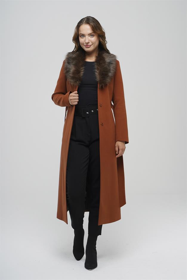 Fur Collared, Tied Waist Mid-Length Coat TILE 3397