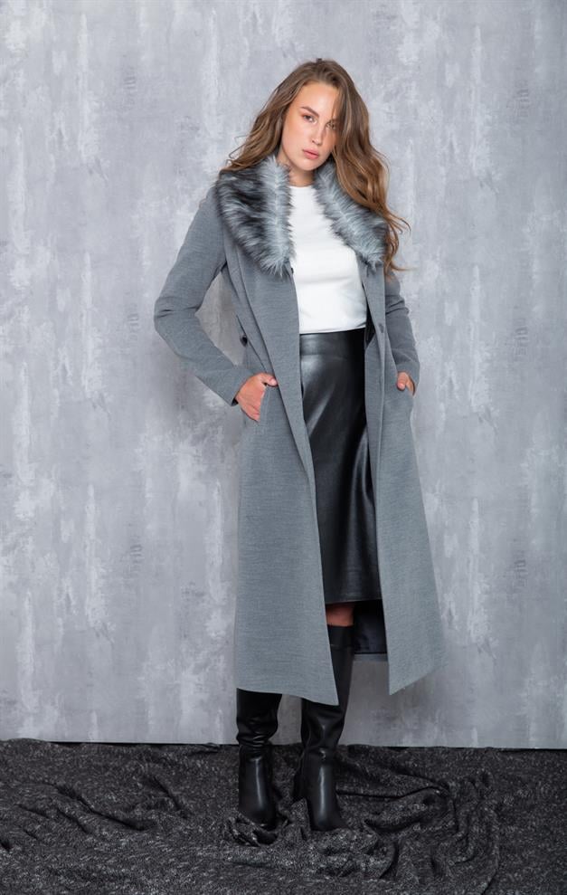 Fur Collared, Tied Waist Mid-Length Coat GREY 3397