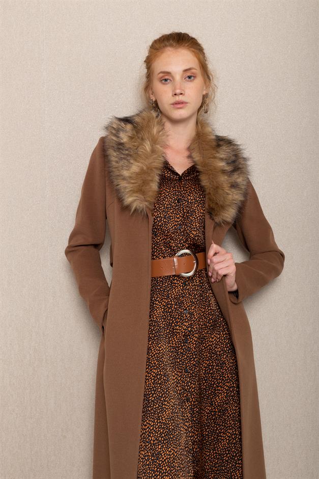 Fur Collared, Tied Waist Mid-Length Coat CAMEL 3397