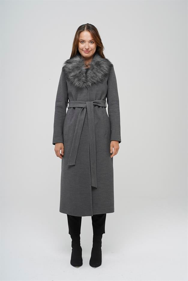 Fur Collared, Tied Waist Mid-Length Coat DARK GREY 3397