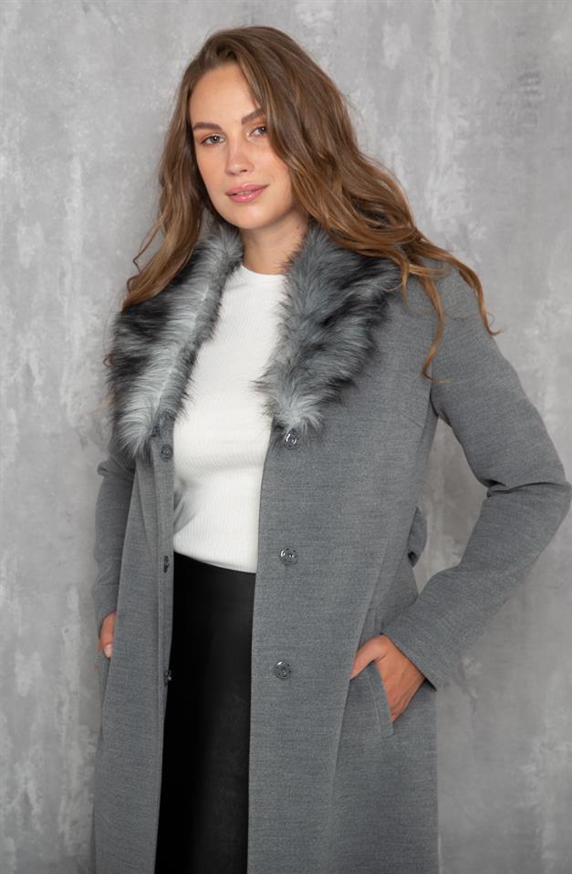 Fur Collared, Tied Waist Mid-Length Coat GREY 3397
