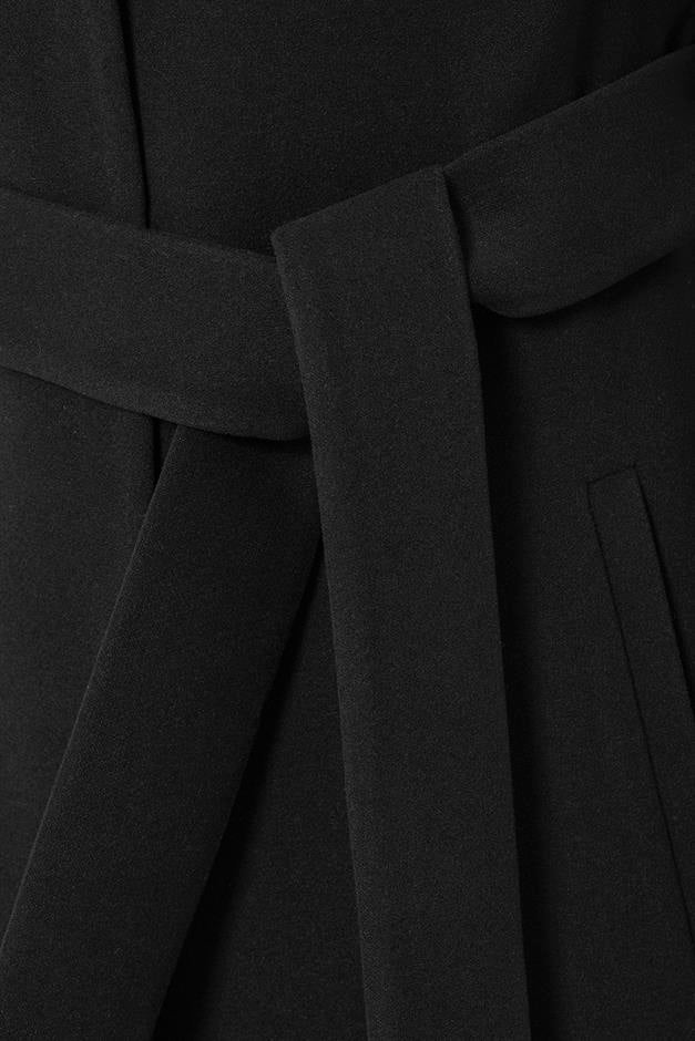 Fur Collared, Tied Waist Mid-Length Coat BLACK 3397