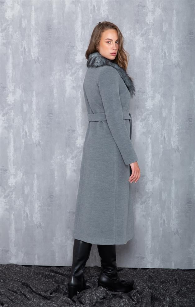 Fur Collared, Tied Waist Mid-Length Coat GREY 3397