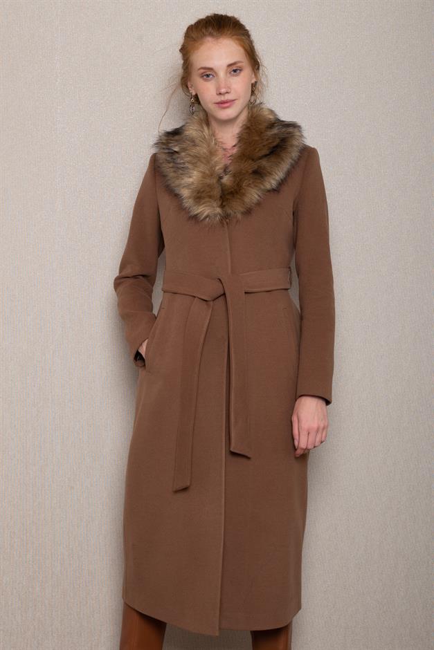 Fur Collared, Tied Waist Mid-Length Coat CAMEL 3397