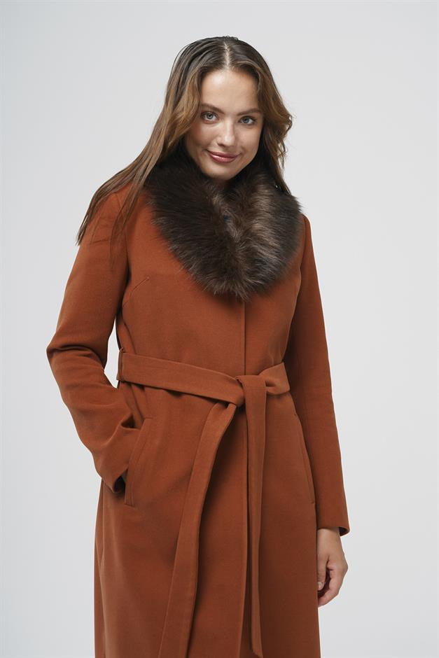 Fur Collared, Tied Waist Mid-Length Coat TILE 3397