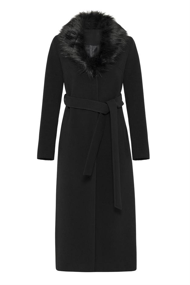 Fur Collared, Tied Waist Mid-Length Coat BLACK 3397