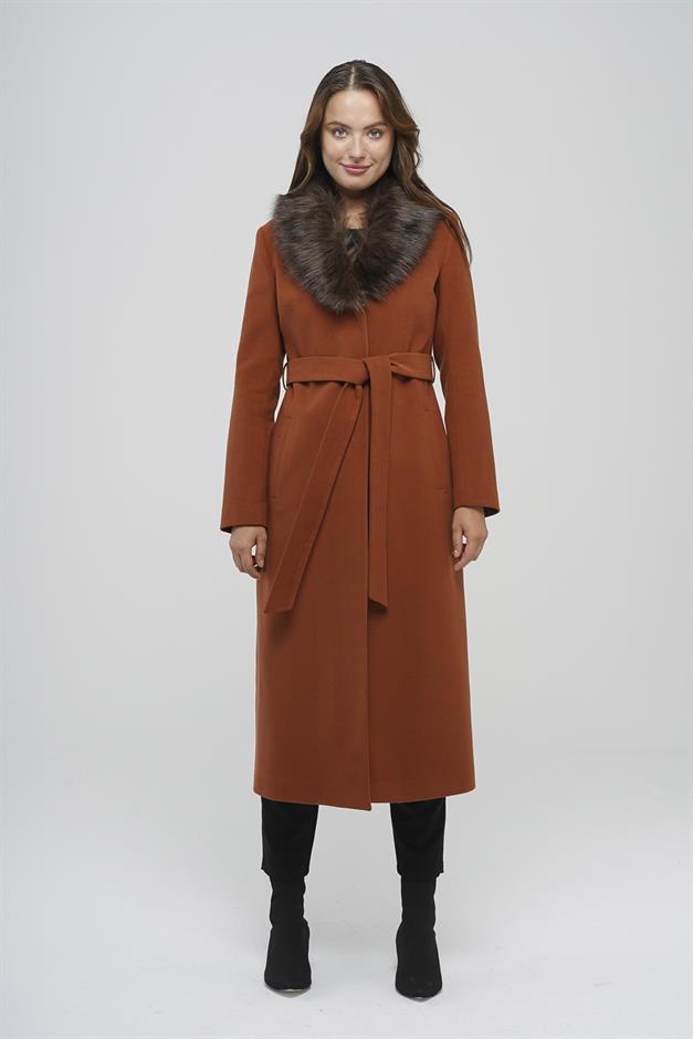 Fur Collared, Tied Waist Mid-Length Coat TILE 3397