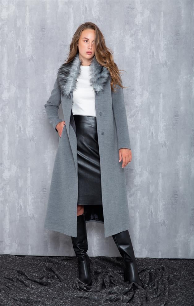 Fur Collared, Tied Waist Mid-Length Coat GREY 3397