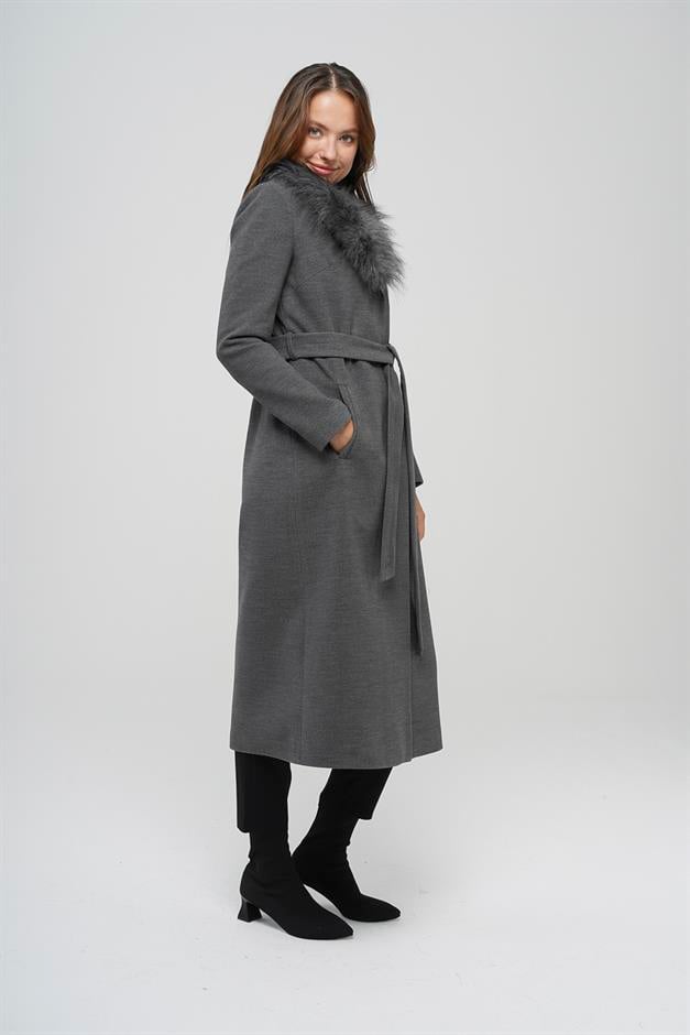 Fur Collared, Tied Waist Mid-Length Coat DARK GREY 3397