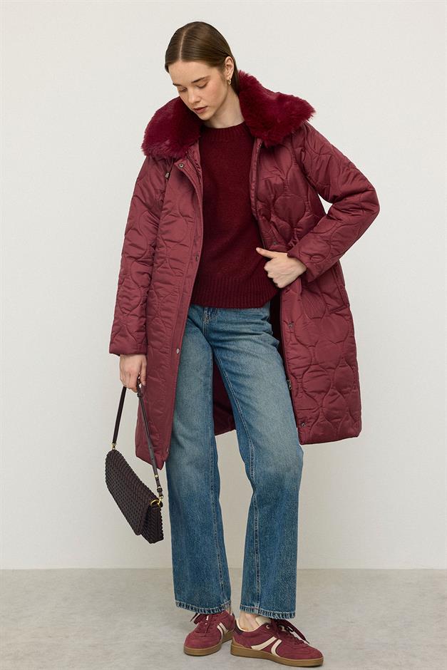 معطف مبطن بغطاء رأس قابل للفصل وسحاب للإغلاق وياقة من الفرو حافة 6784