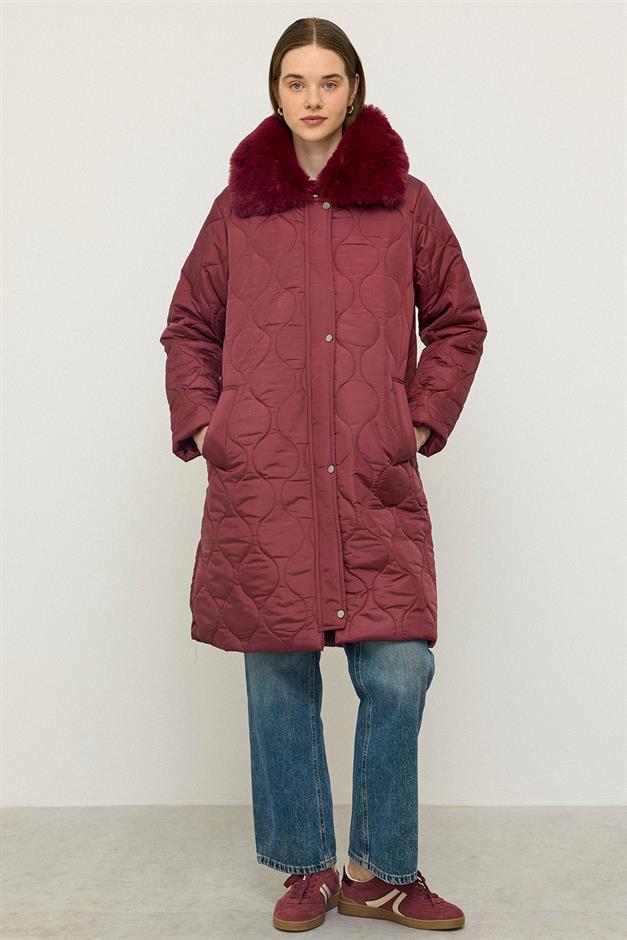 معطف مبطن بغطاء رأس قابل للفصل وسحاب للإغلاق وياقة من الفرو حافة 6784